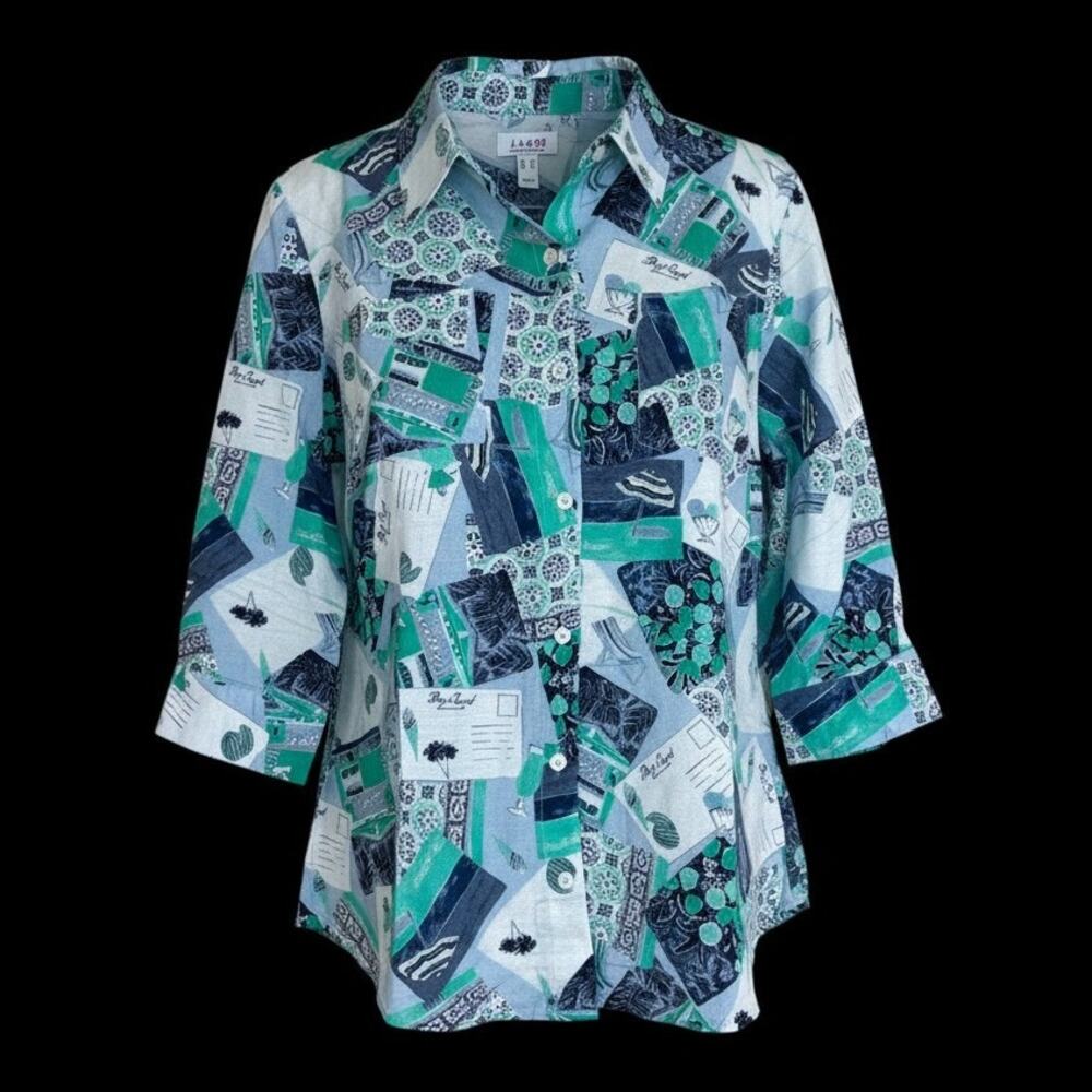 Denim & Co. Printed Cotton Linen Button Down 3/4 Sleeve Shirt Blue Multi Medium